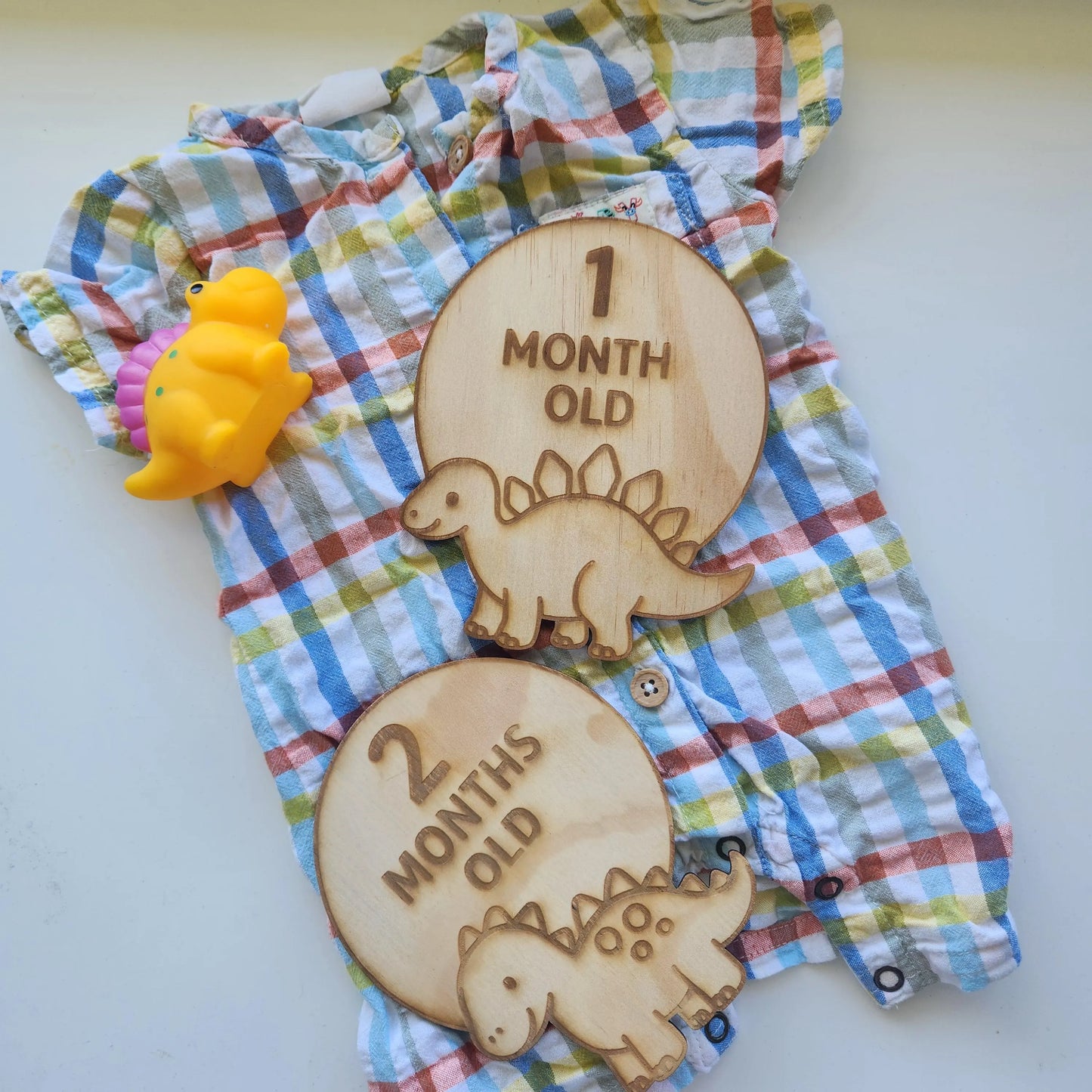 Dinosaur Baby Milestone Plaques | 12 Wooden Monthly Discs | Engraved Dino Photo Props | Handmade Baby Shower Gift | Roarsome Nursery Decor