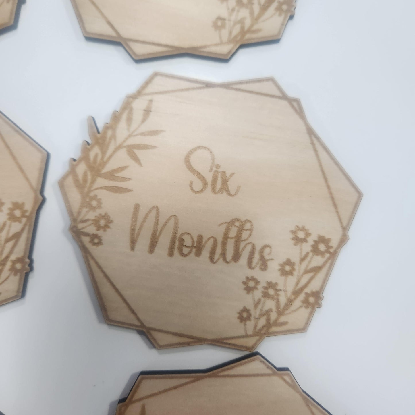 Hexagonal Floral Monthly Milestone Plaques | Set of 17 Wooden Baby Discs | Handmade Baby Shower Gift