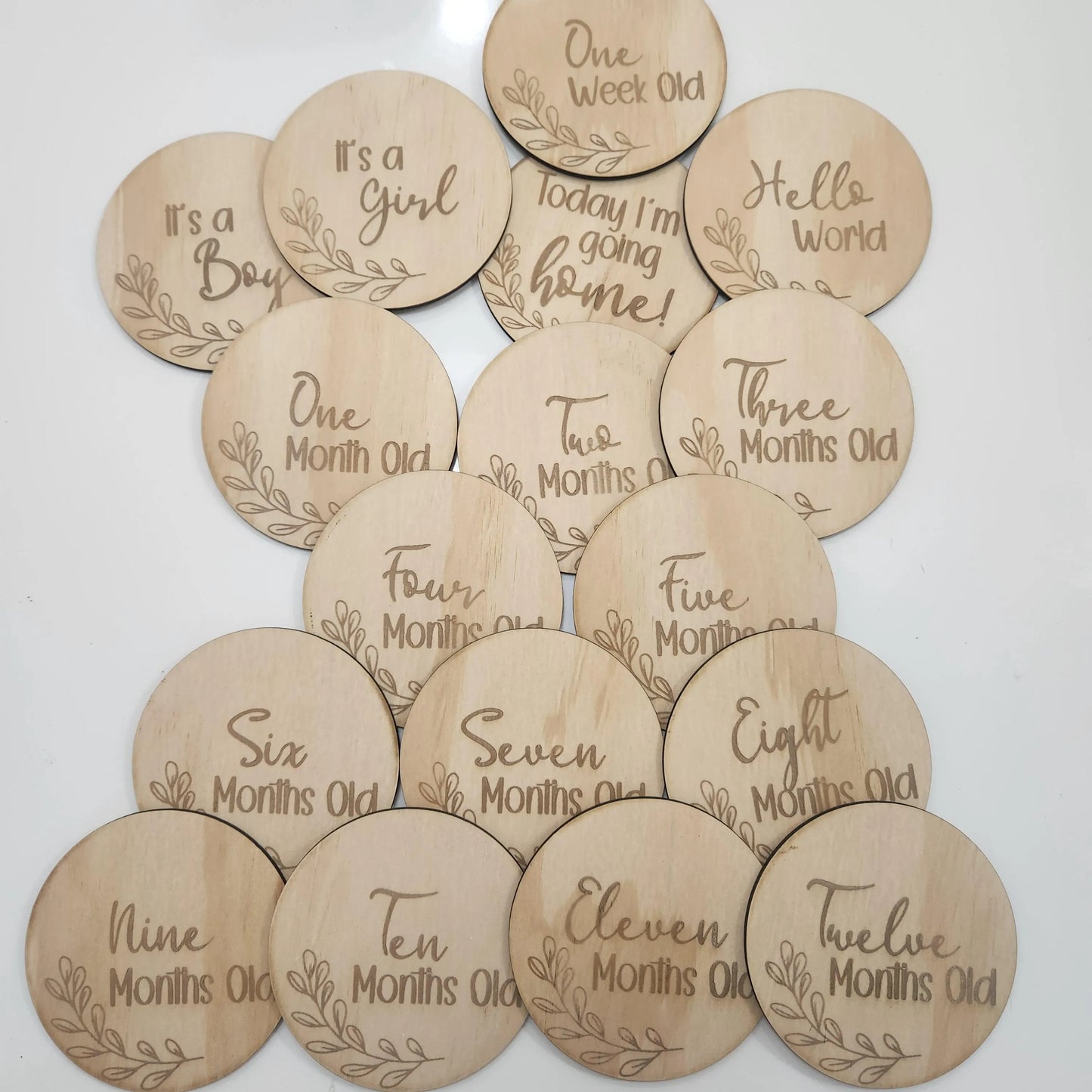 Classic Style Baby Milestone Plaque Bundle – 17 Engraved Disks | Hello World, Monthly Markers, and Birth Announcements