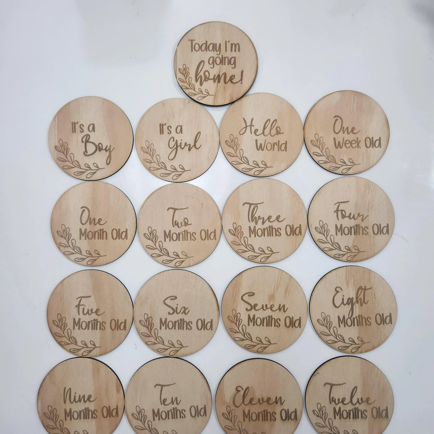 Classic Style Baby Milestone Plaque Bundle – 17 Engraved Disks | Hello World, Monthly Markers, and Birth Announcements
