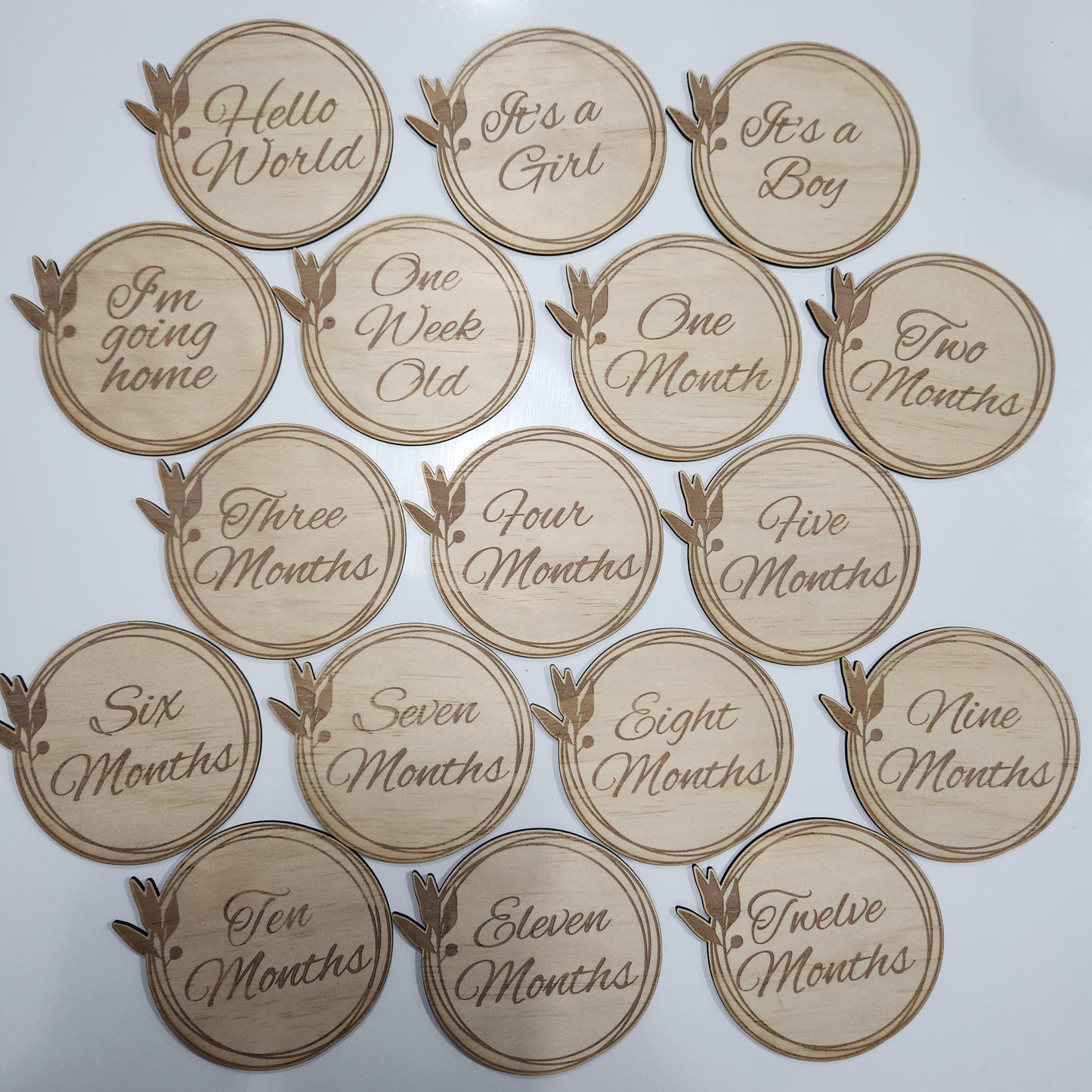 Circular Floral  Monthly Milestone Plaques | Set of 17 Wooden Baby Discs | Handmade Baby Shower Gift