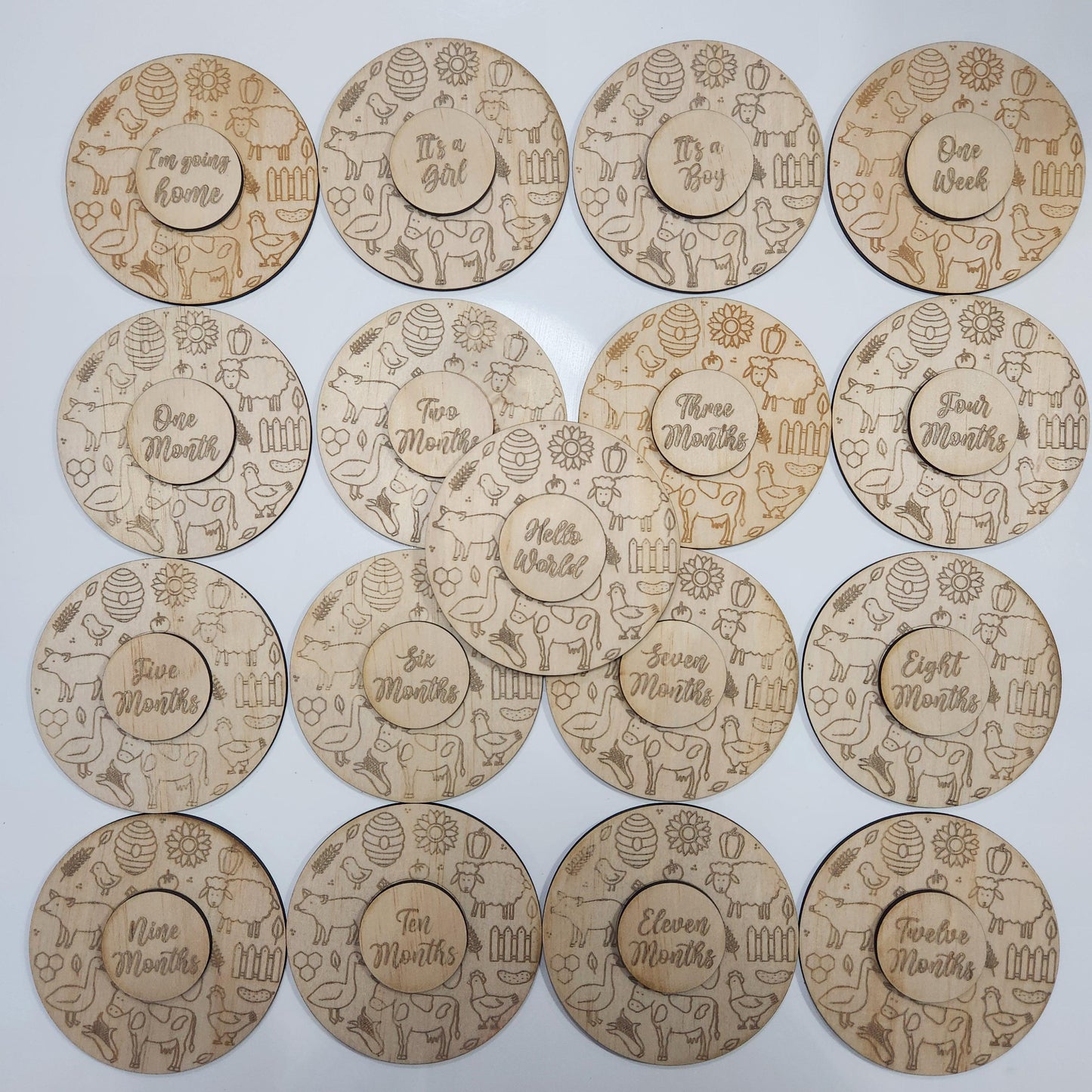 Farm Animal Monthly Milestone Plaques | Set of 17 Wooden Baby Discs | Handmade Baby Shower Gift (Copy)