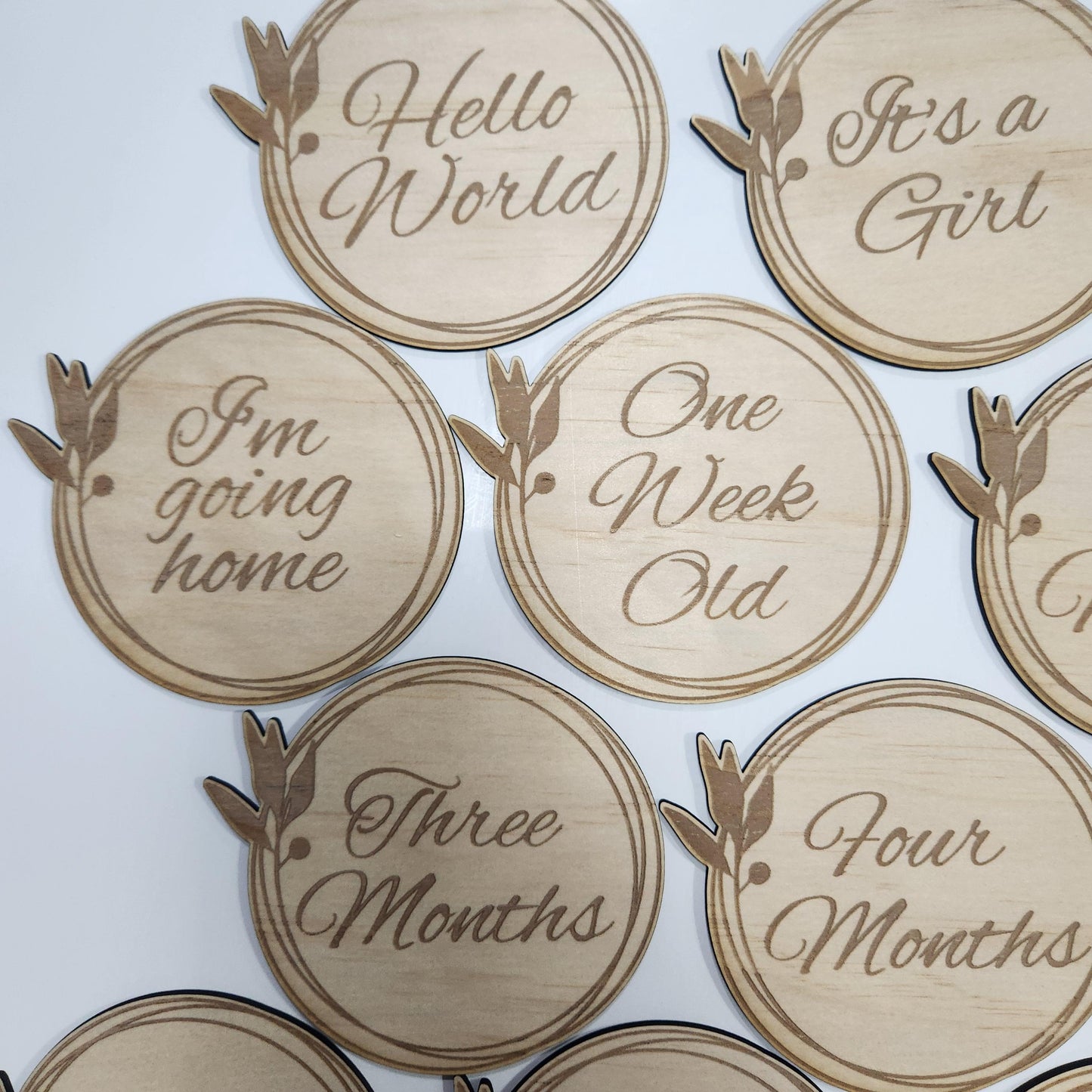 Circular Floral  Monthly Milestone Plaques | Set of 17 Wooden Baby Discs | Handmade Baby Shower Gift