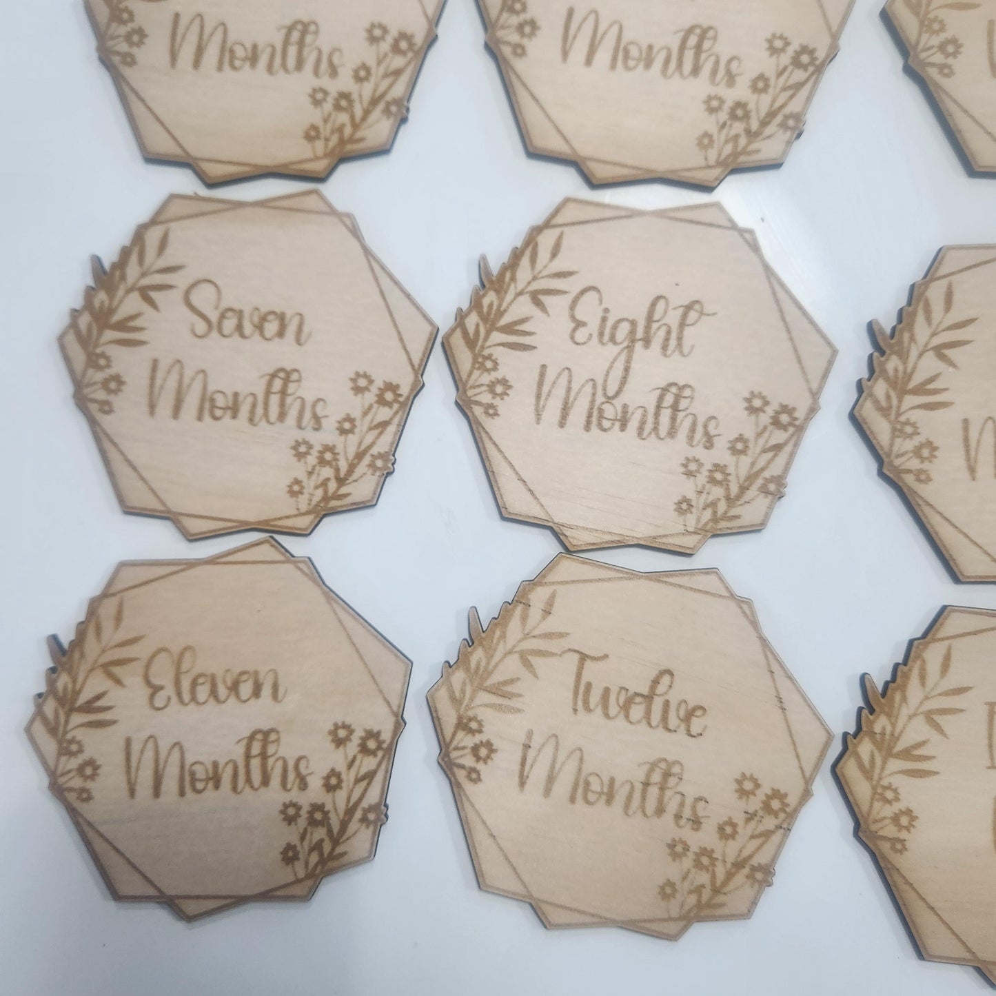 Hexagonal Floral Monthly Milestone Plaques | Set of 17 Wooden Baby Discs | Handmade Baby Shower Gift