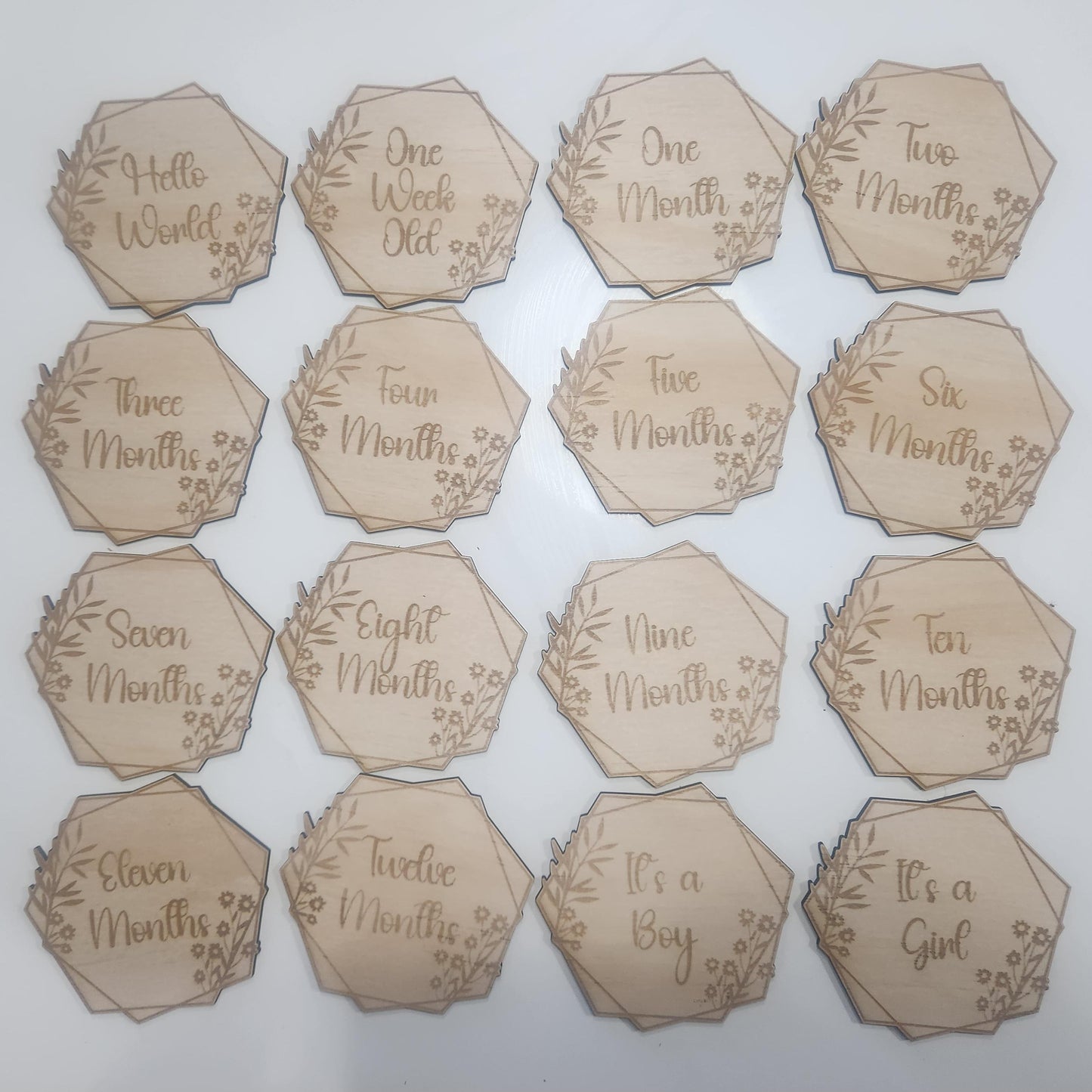 Hexagonal Floral Monthly Milestone Plaques | Set of 17 Wooden Baby Discs | Handmade Baby Shower Gift